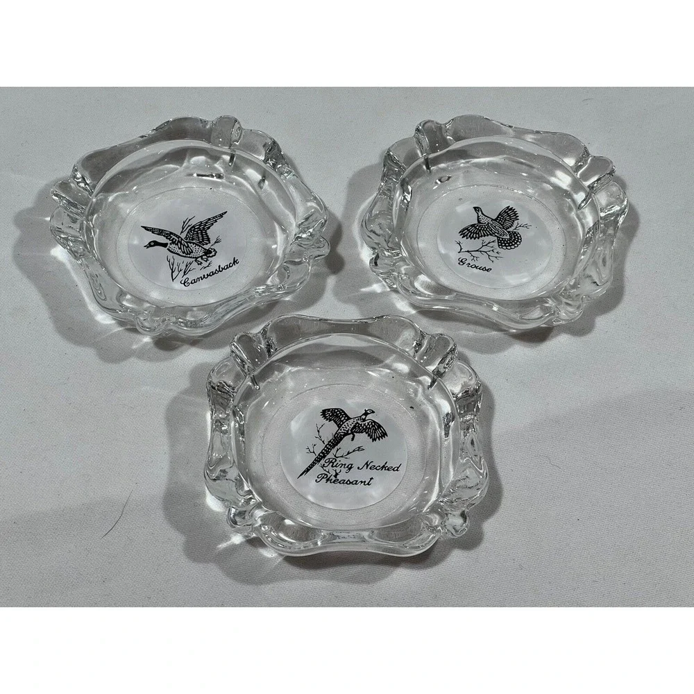 Game Bird Ashtray Set Lot Of 3 Glass‎ Grouse Pheasant Hunting Decor